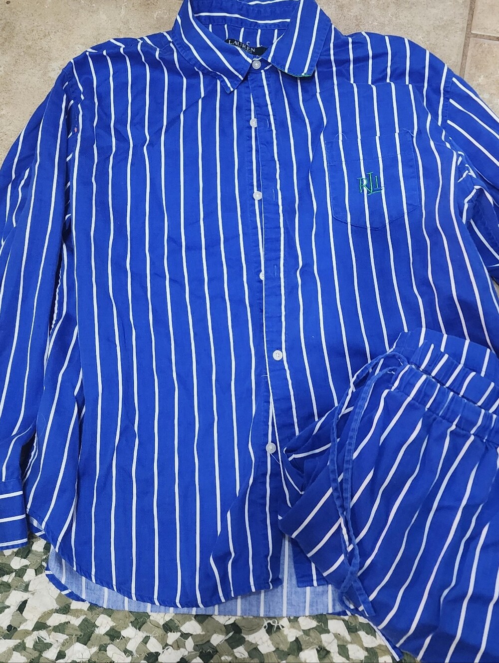 Lauren Ralph Lauren Pajama Set XL Blue White Stripe Button Top Pants Set